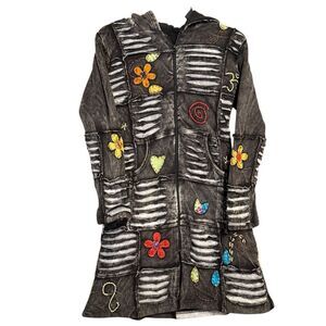 NWT Rhea Black Cotton Long Flower Patchwork Razor Cut Hippie Boho Jacket- Medium